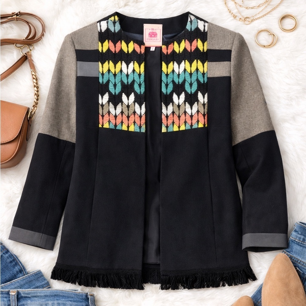 Vilagallo Multicolor Embroidered Blazer Spain Fringe Hem Boho Chic Statement